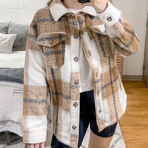 Avec Les Filles Cream and Brown Plaid Teddy Jacket